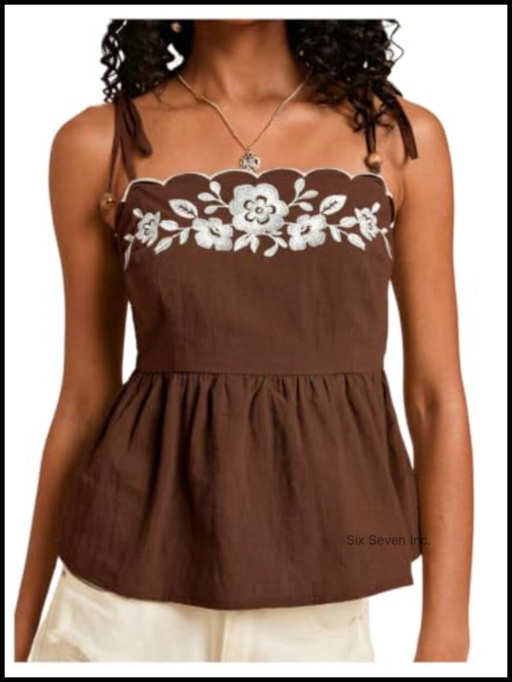 Floral Embroidered Cami Peplum Top Tie Shoulder Ruffle